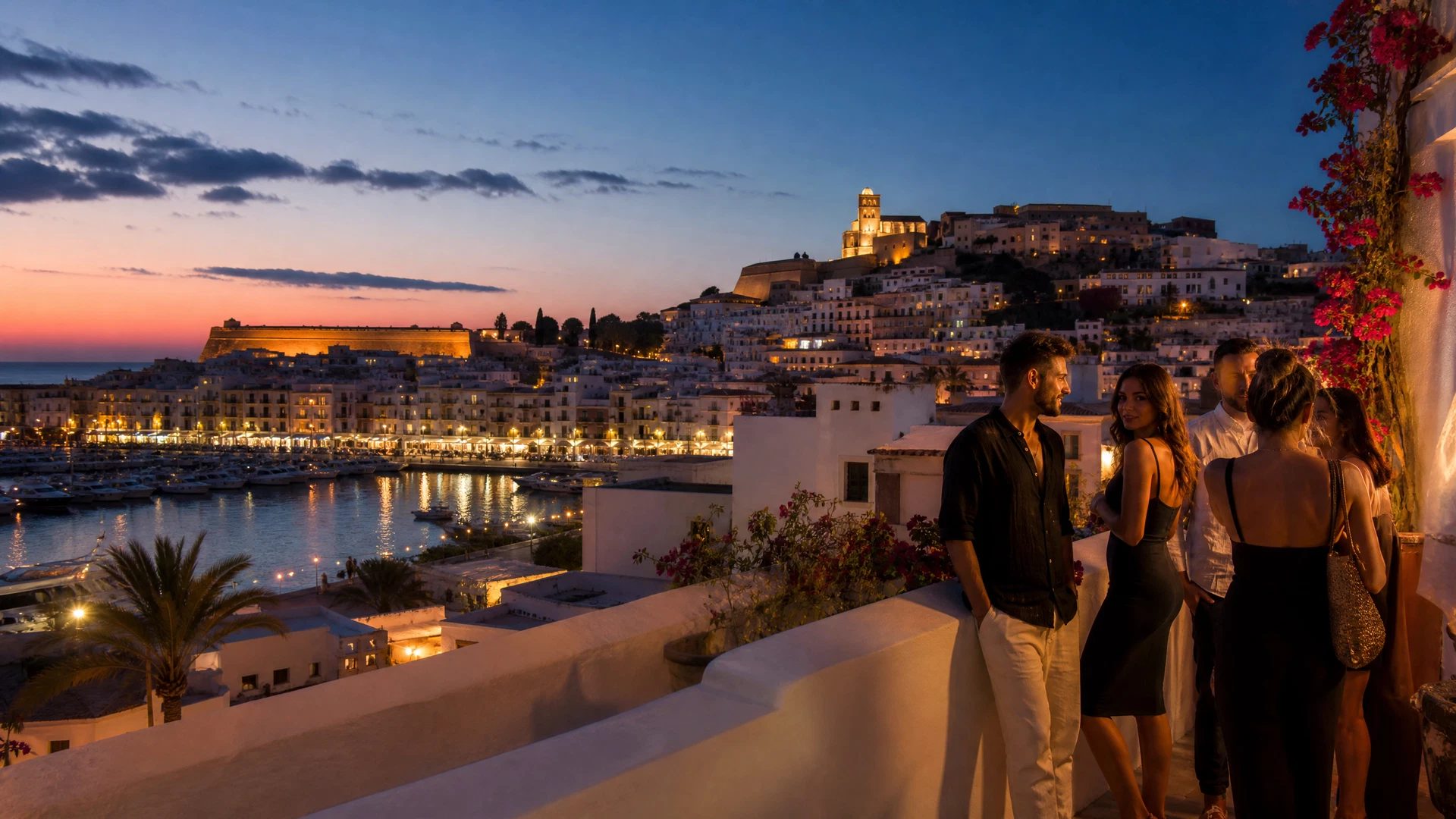 Friends on an Ibiza Town rooftop terrace with illuminated Dalt Vila beyond