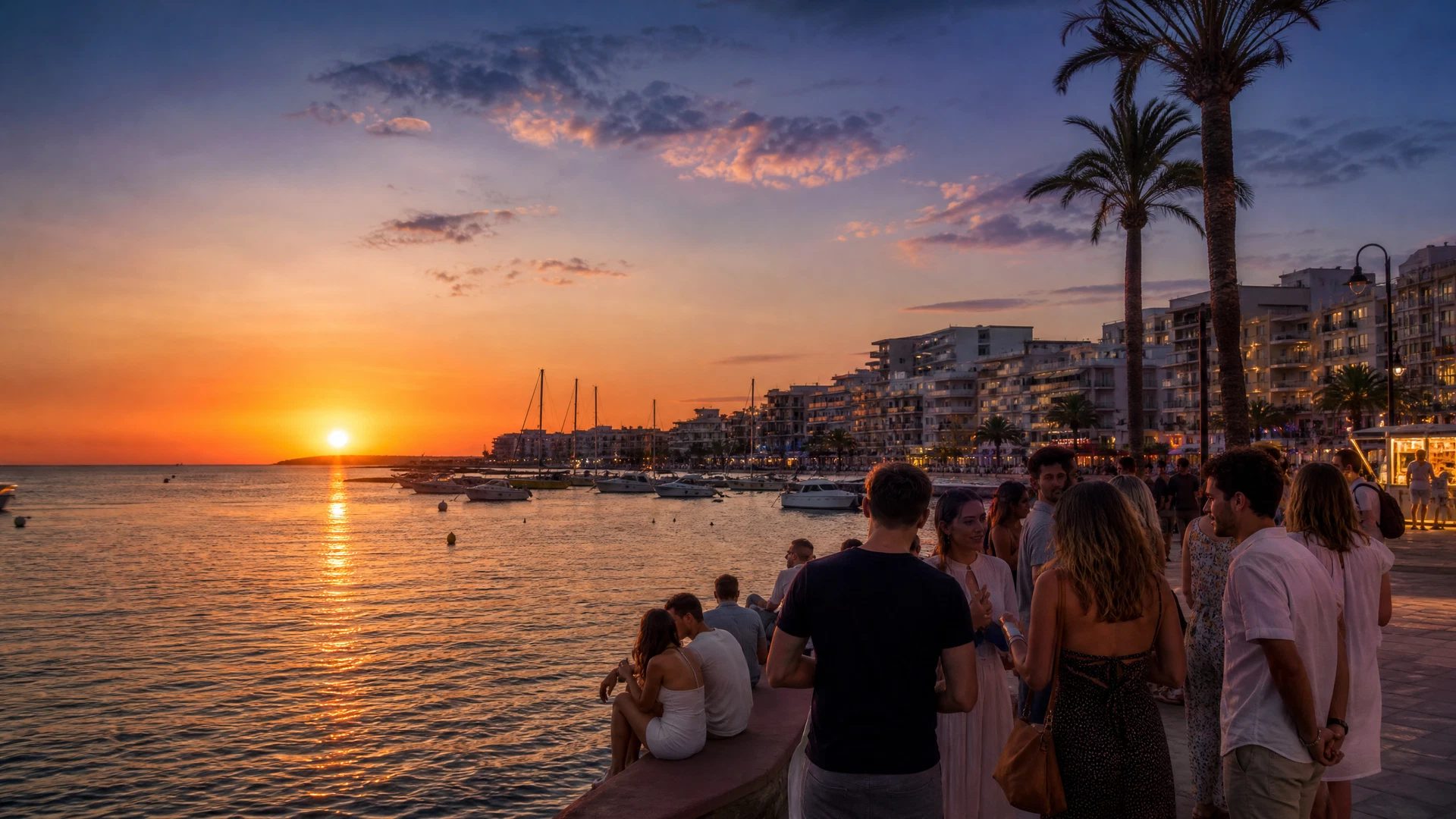 Friends gathering on the Sant Antoni seafront as the sun sets across the bay