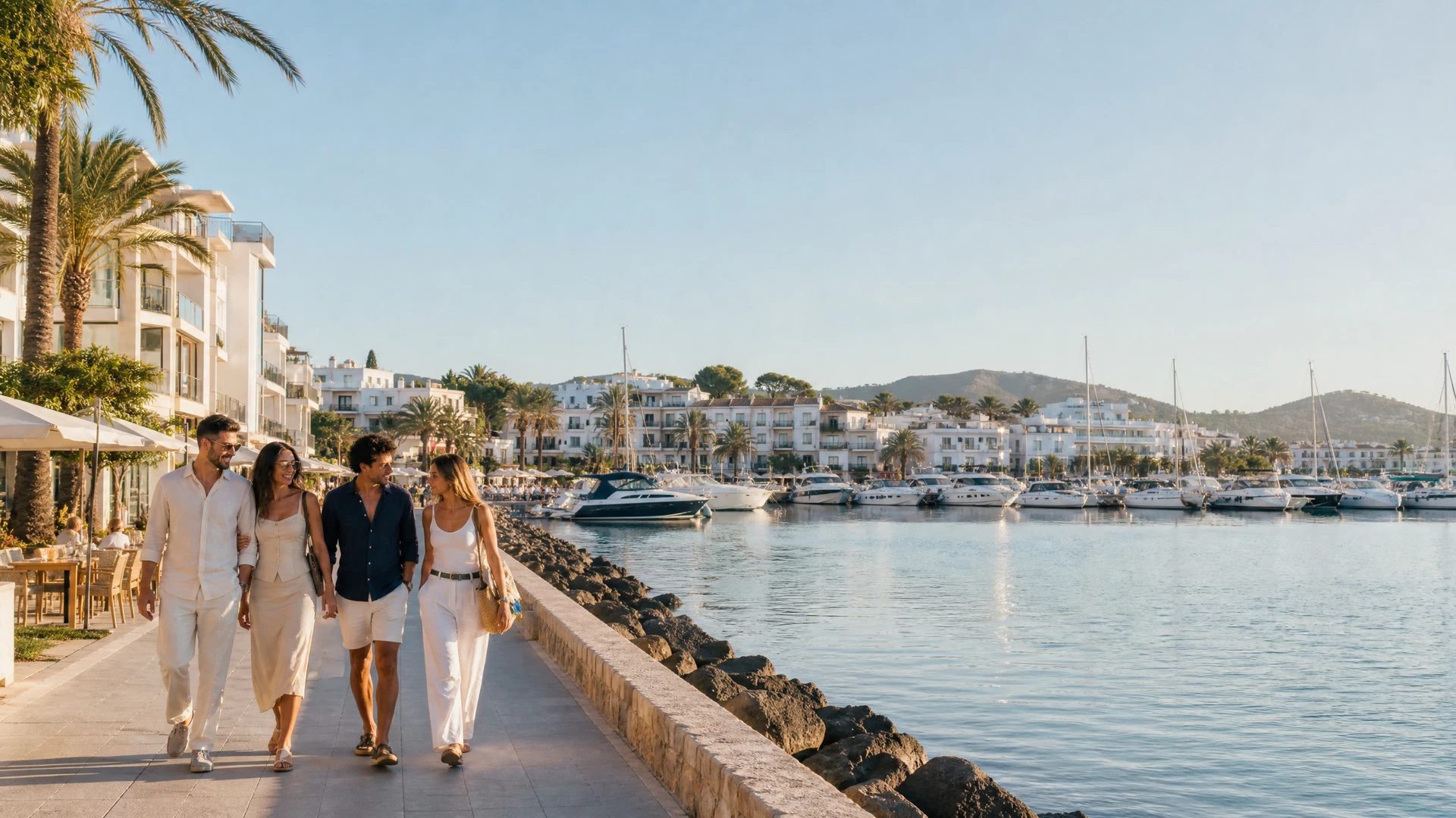Friends walking the calm Santa Eulària promenade beside its sheltered marina