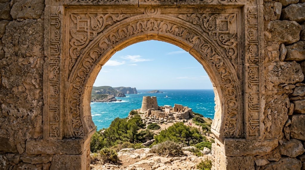 An ancient Ibiza coastal ruin framed by an ornate stone opening