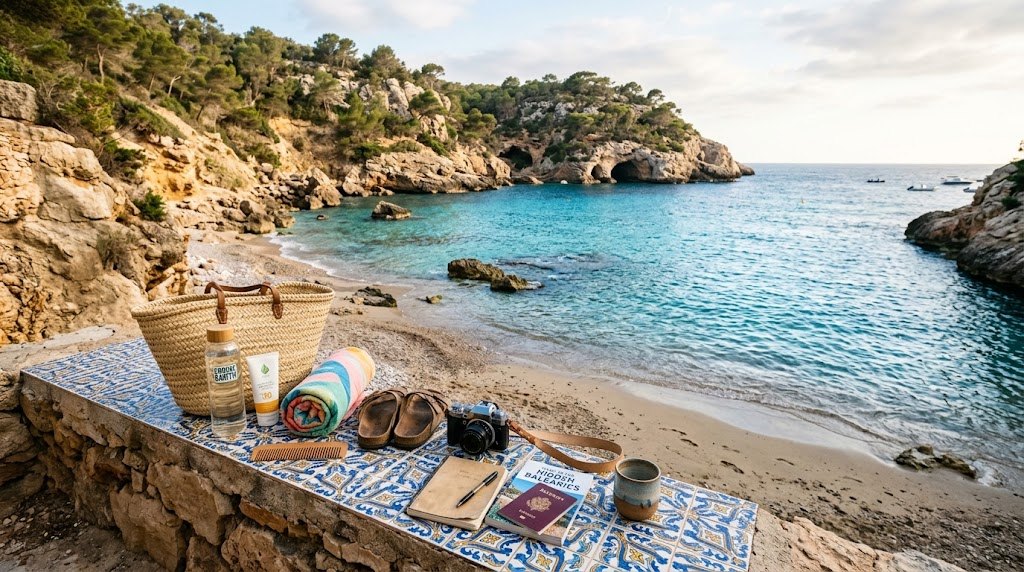 A quiet Ibiza cove with responsible travel essentials on an ornate tile ledge