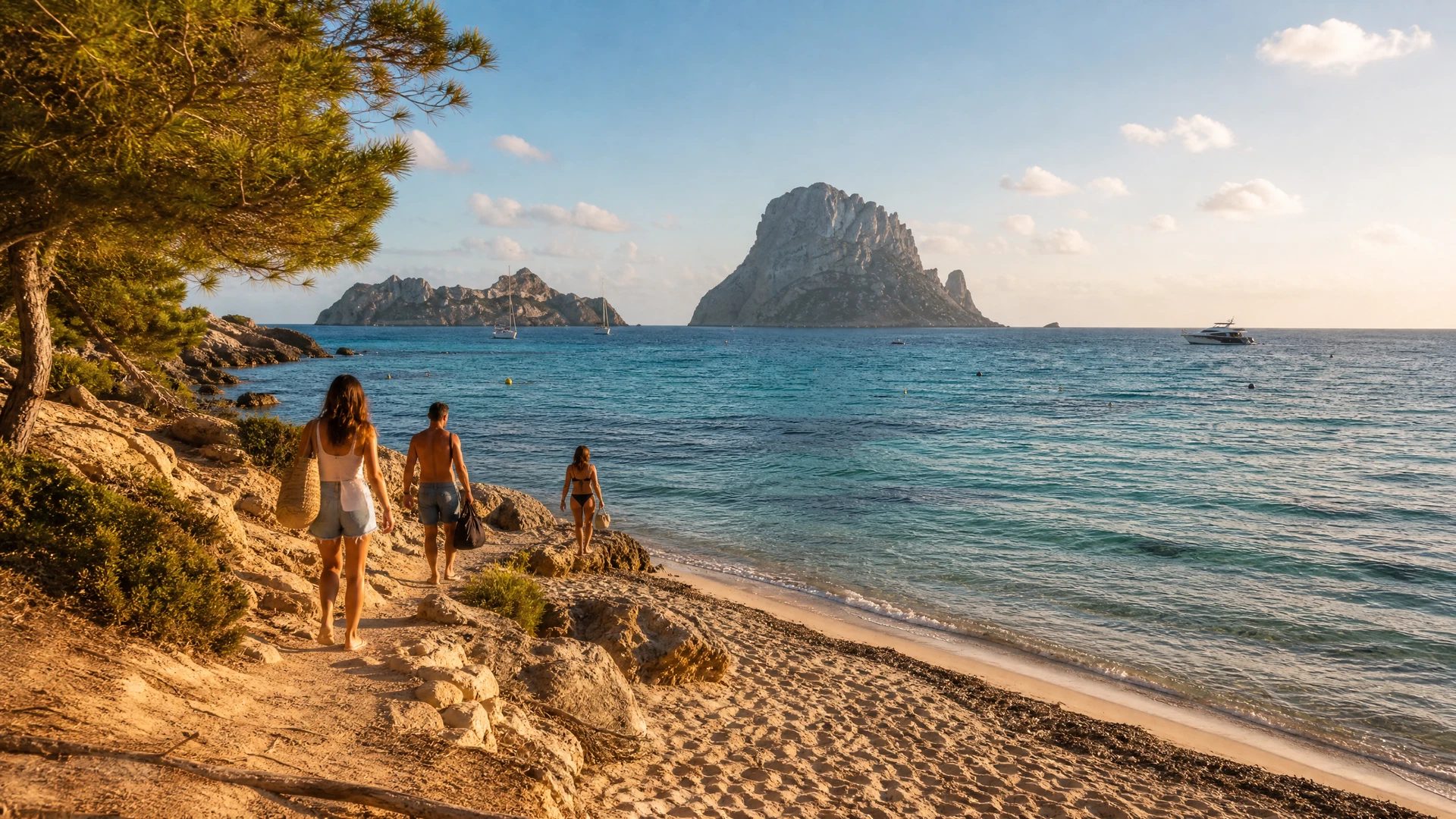 Cala d’Hort shoreline and adult swimmers with Es Vedrà rising offshore