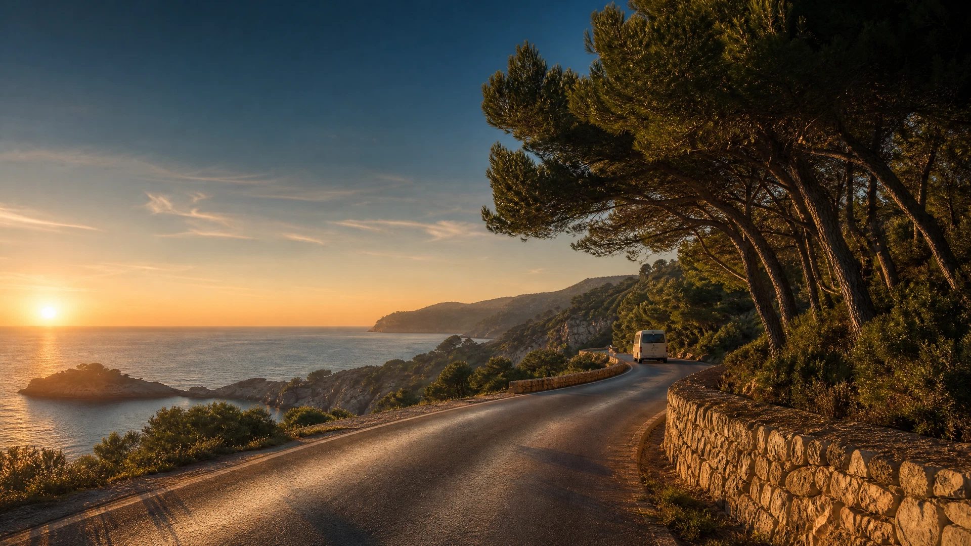 Ibiza westbound road with an unbranded coach among pines at sunset