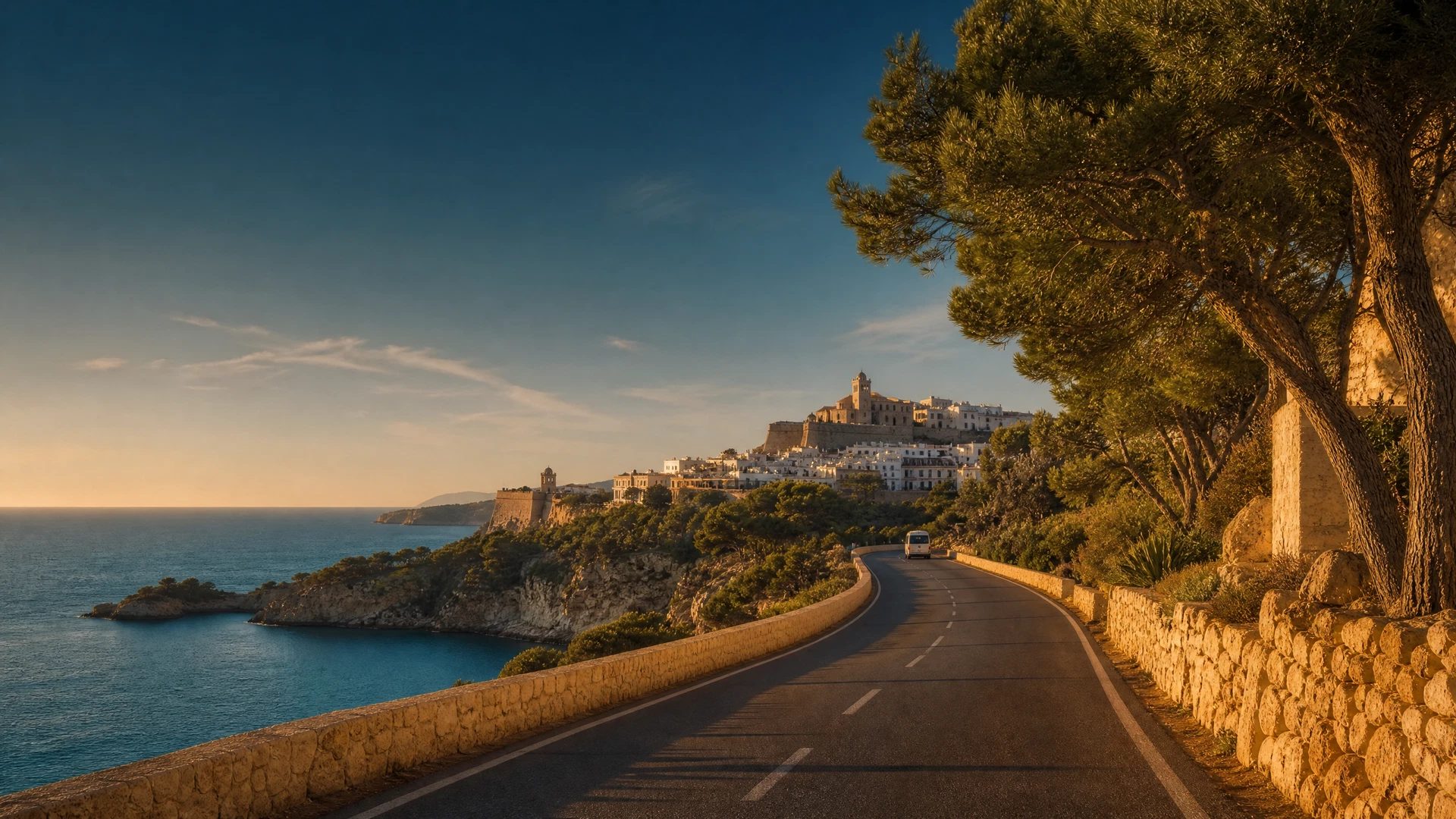 Ibiza Airport road leading towards distant Dalt Vila and the sea