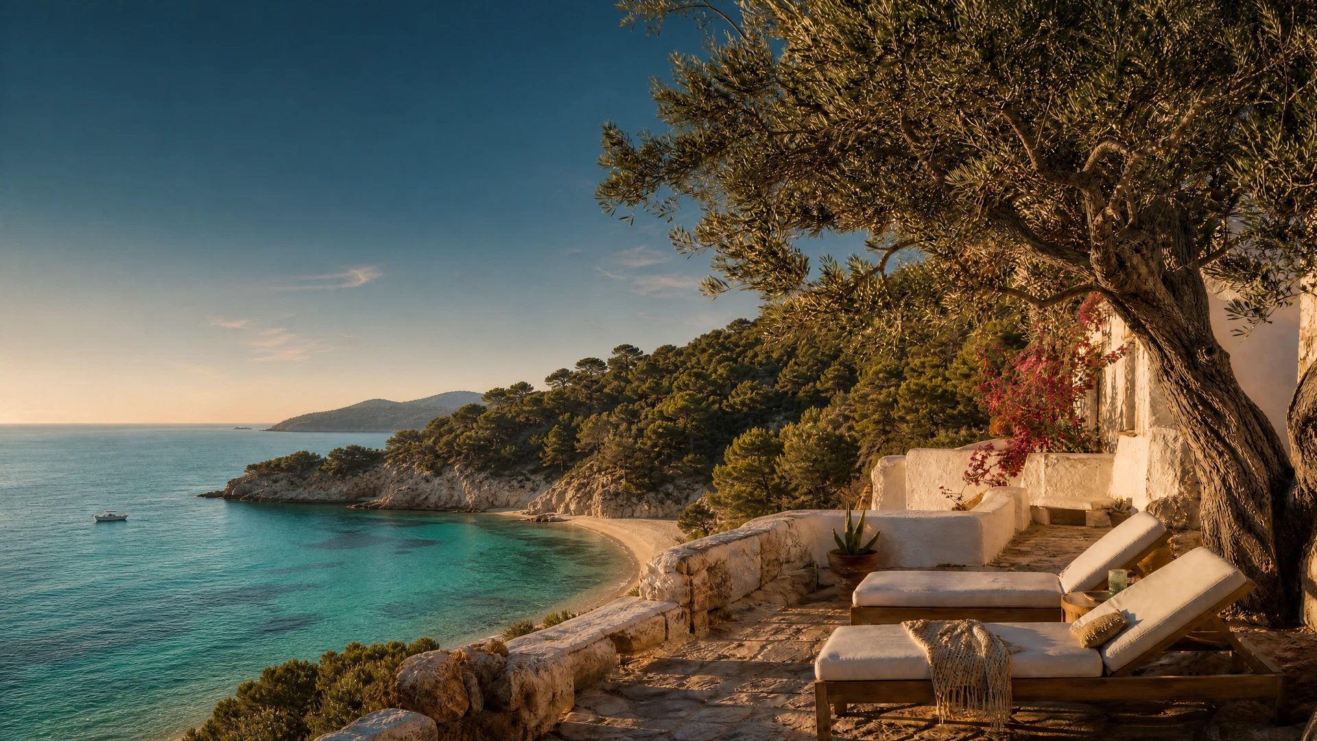 Calm Es Canar cove with pale sand and turquoise east-coast water