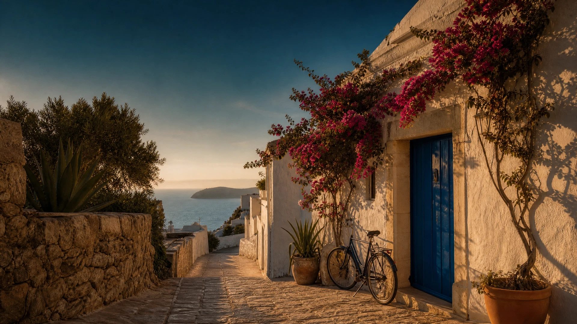 Quiet whitewashed Ibiza village street with a bicycle and blue doorway