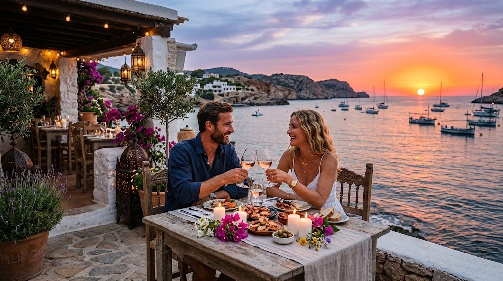 A candlelit table for two on a stone terrace overlooking the Ibiza coastline at dusk