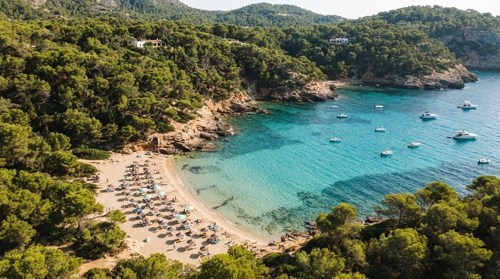 Aerial view of a turquoise Ibiza cove with two small boats anchored over sand