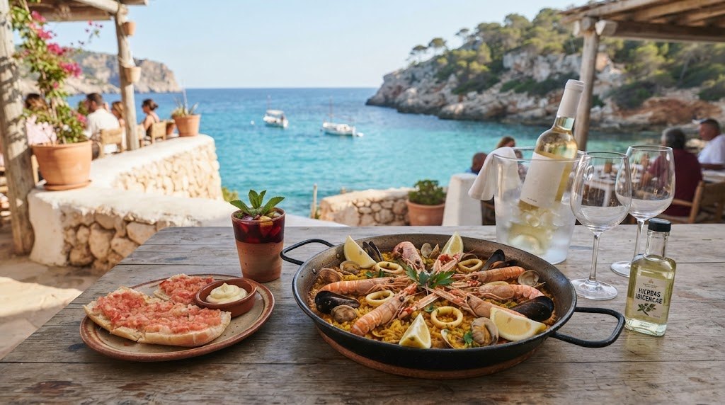Seafood rice and salad on a wooden table on a whitewashed finca terrace