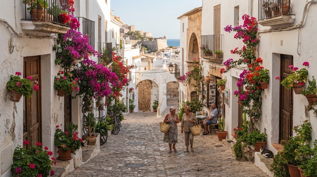 A whitewashed lane in a rural Ibizan village at sunset with a blue wooden door and geraniums