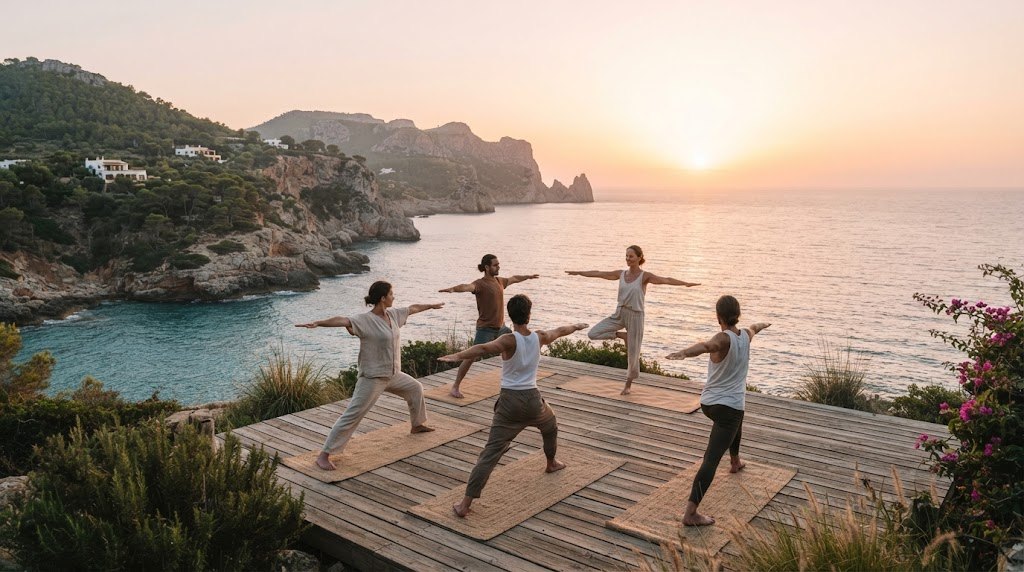 A simple wooden yoga deck on a pine hillside in Ibiza with a rolled mat and brass singing bowl